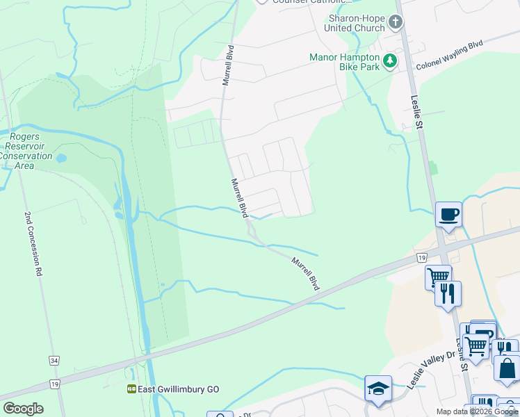map of restaurants, bars, coffee shops, grocery stores, and more near Applegate Drive in East Gwillimbury