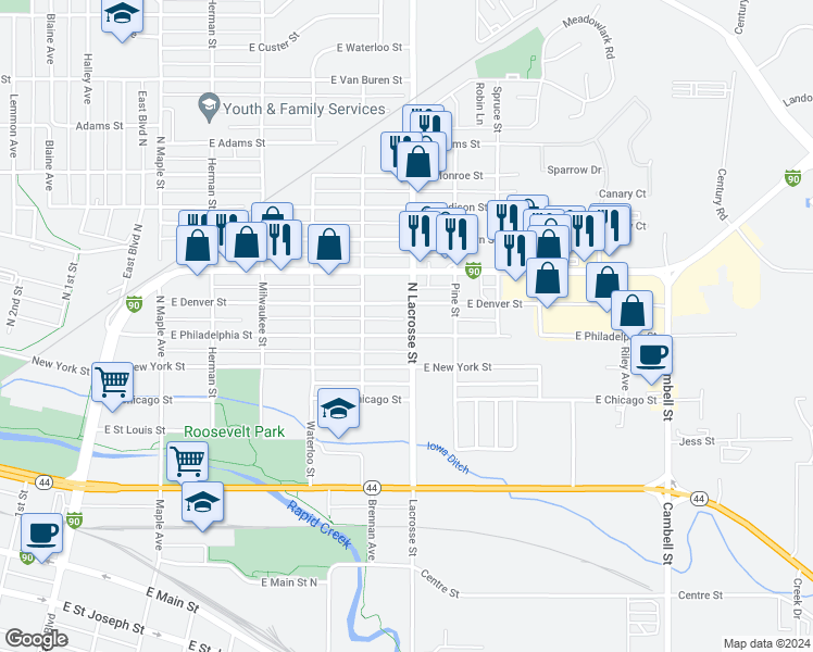 map of restaurants, bars, coffee shops, grocery stores, and more near 520 East Philadelphia Street in Rapid City