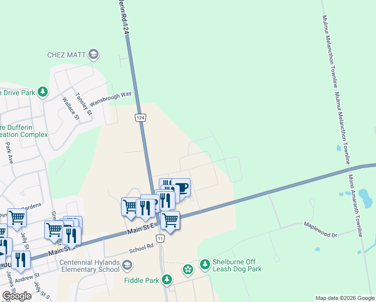 map of restaurants, bars, coffee shops, grocery stores, and more near 226 Chippewa Avenue in Shelburne