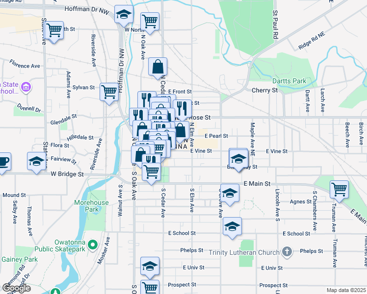 map of restaurants, bars, coffee shops, grocery stores, and more near 134 East Vine Street in Owatonna