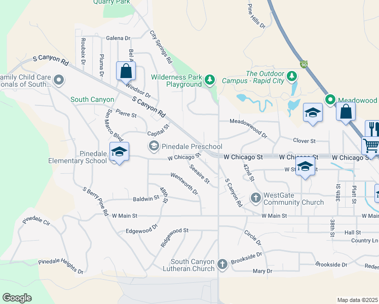 map of restaurants, bars, coffee shops, grocery stores, and more near 4520 West Chicago Street in Rapid City