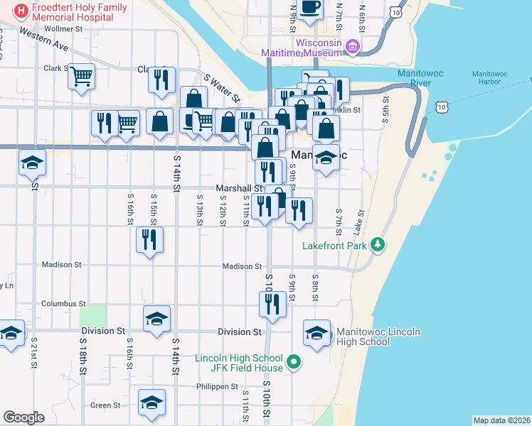 map of restaurants, bars, coffee shops, grocery stores, and more near 1003 Marshall Street in Manitowoc