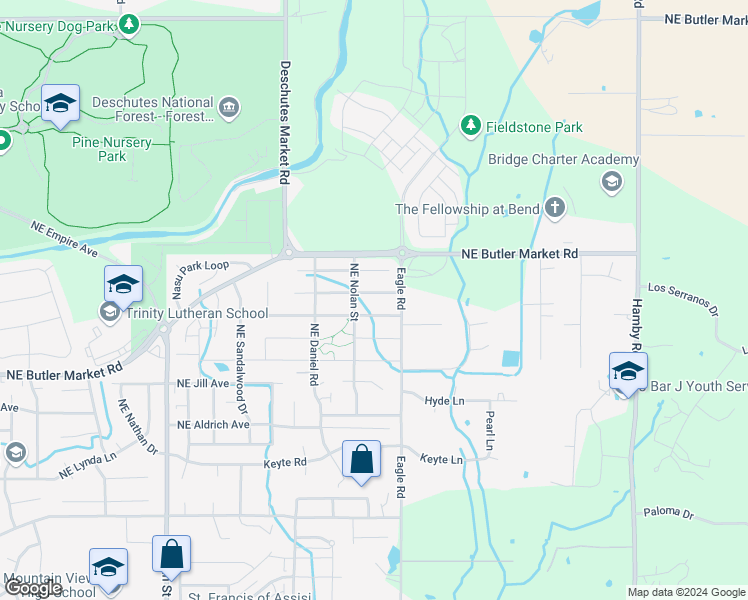 map of restaurants, bars, coffee shops, grocery stores, and more near 21381 Northeast Evelyn Place in Bend