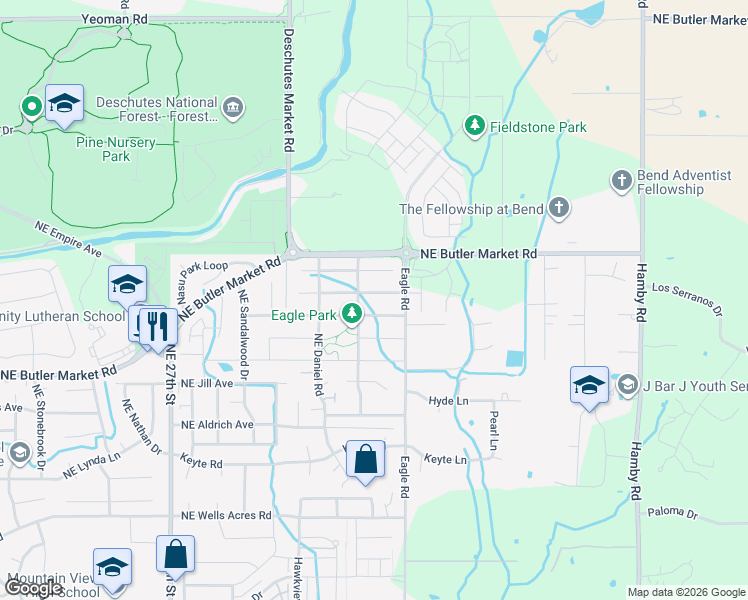 map of restaurants, bars, coffee shops, grocery stores, and more near 21377 Northeast Evelyn Place in Bend