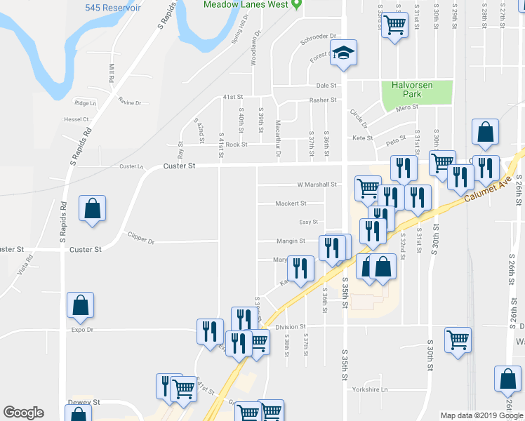 map of restaurants, bars, coffee shops, grocery stores, and more near 3783 Mackert Street in Manitowoc