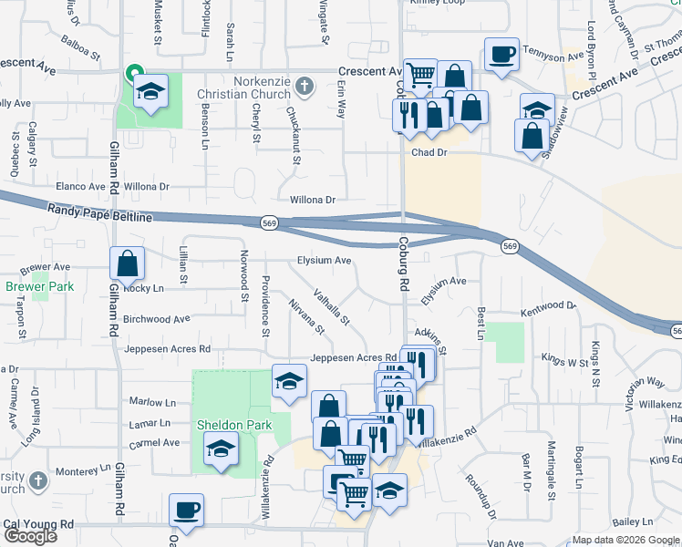 map of restaurants, bars, coffee shops, grocery stores, and more near 2580 Elysium Avenue in Eugene