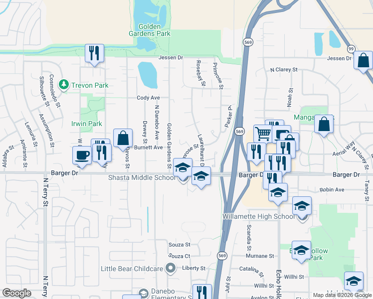 map of restaurants, bars, coffee shops, grocery stores, and more near 2130 Primrose Street in Eugene