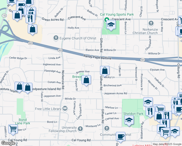 map of restaurants, bars, coffee shops, grocery stores, and more near 2025 Brewer Avenue in Eugene