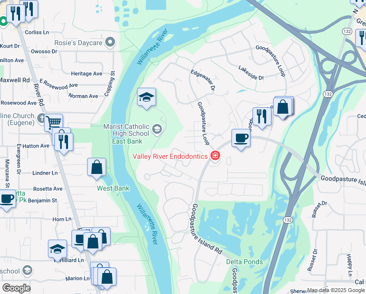 map of restaurants, bars, coffee shops, grocery stores, and more near 2050 Goodpasture Loop in Eugene
