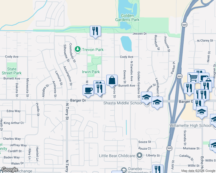 map of restaurants, bars, coffee shops, grocery stores, and more near 2106 Devos Street in Eugene