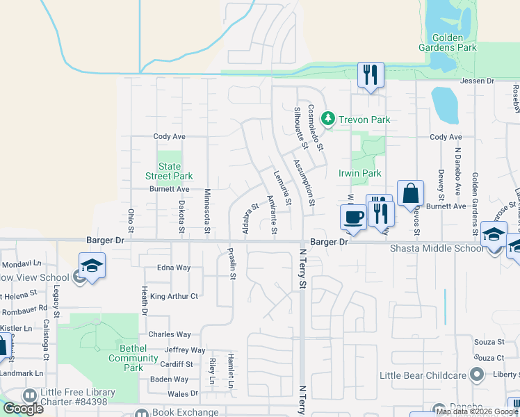 map of restaurants, bars, coffee shops, grocery stores, and more near 2094 Aldabra Street in Eugene