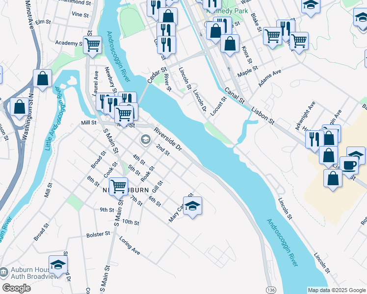 map of restaurants, bars, coffee shops, grocery stores, and more near 98 Riverside Drive in Auburn