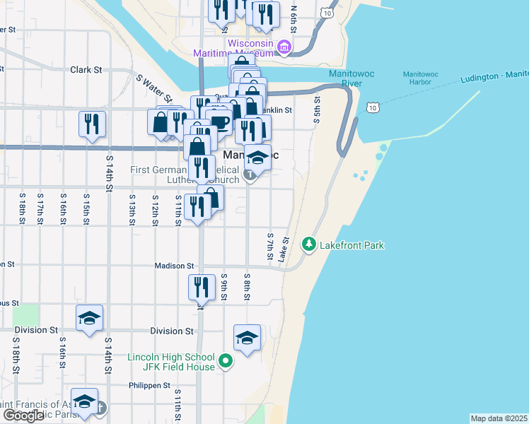 map of restaurants, bars, coffee shops, grocery stores, and more near 1114 South 7th Street in Manitowoc