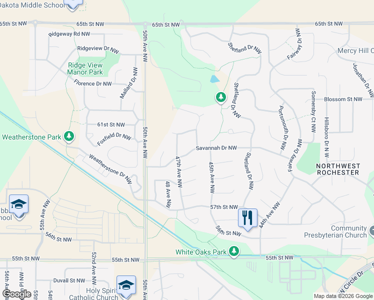 map of restaurants, bars, coffee shops, grocery stores, and more near 4571 Savannah Drive Northwest in Rochester