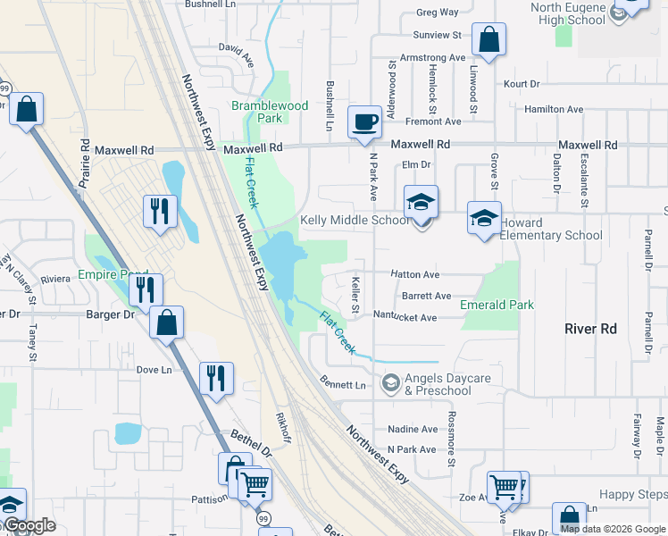 map of restaurants, bars, coffee shops, grocery stores, and more near 975 Hatton Avenue in Eugene