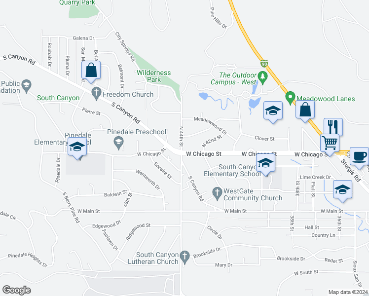 map of restaurants, bars, coffee shops, grocery stores, and more near 4334 West Chicago Street in Rapid City