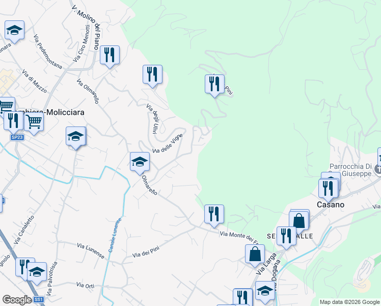 map of restaurants, bars, coffee shops, grocery stores, and more near 5 Via Torino in Provincia della Spezia