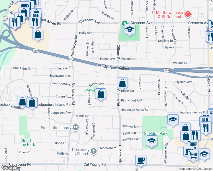 map of restaurants, bars, coffee shops, grocery stores, and more near 2025 Brewer Avenue in Eugene