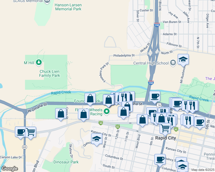 map of restaurants, bars, coffee shops, grocery stores, and more near in Rapid City