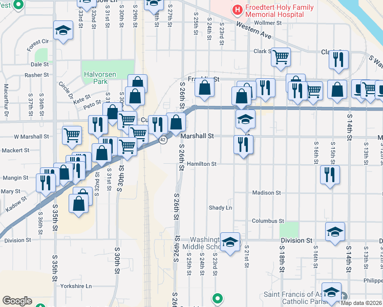 map of restaurants, bars, coffee shops, grocery stores, and more near 1122 South 25th Street in Manitowoc