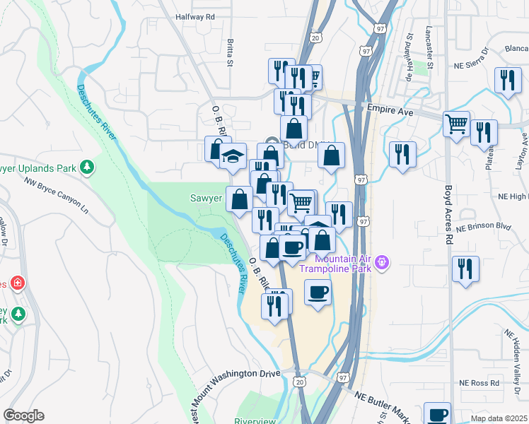 map of restaurants, bars, coffee shops, grocery stores, and more near 3405 N U.S. 97 in Bend
