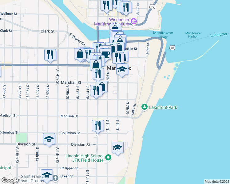 map of restaurants, bars, coffee shops, grocery stores, and more near 1111 South 9th Street in Manitowoc
