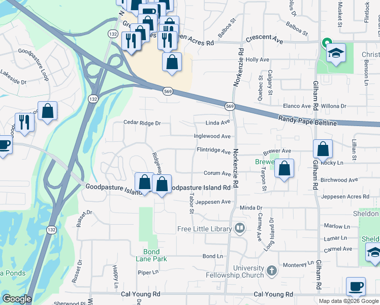 map of restaurants, bars, coffee shops, grocery stores, and more near 2140 Tabor Street in Eugene