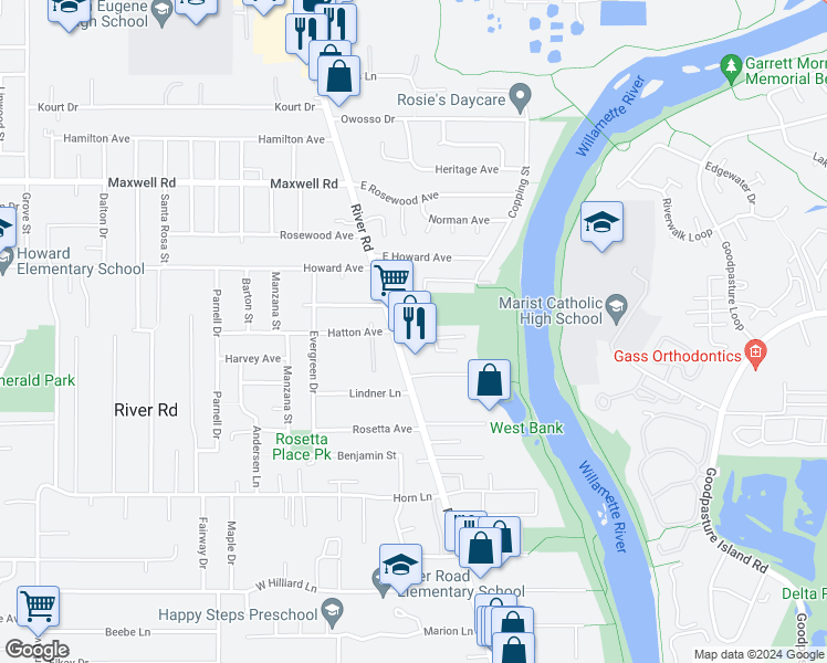 map of restaurants, bars, coffee shops, grocery stores, and more near 1480 Lanson Lane in Eugene