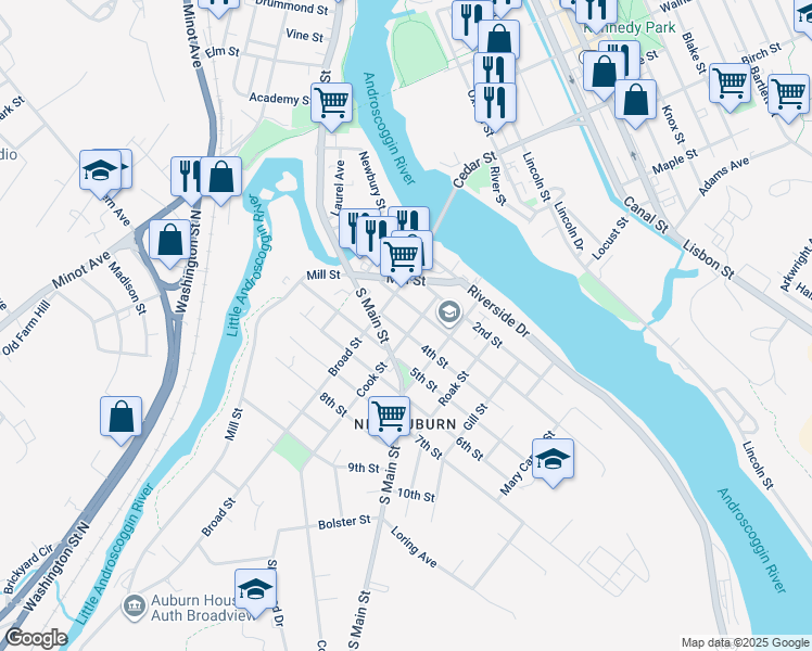 map of restaurants, bars, coffee shops, grocery stores, and more near 21 Cook Street in Auburn
