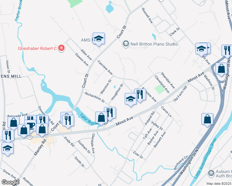 map of restaurants, bars, coffee shops, grocery stores, and more near 48 Houghton Street in Auburn