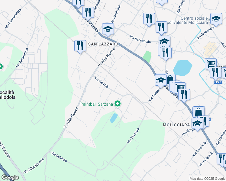 map of restaurants, bars, coffee shops, grocery stores, and more near 801 Via Nerchia in Sarzana