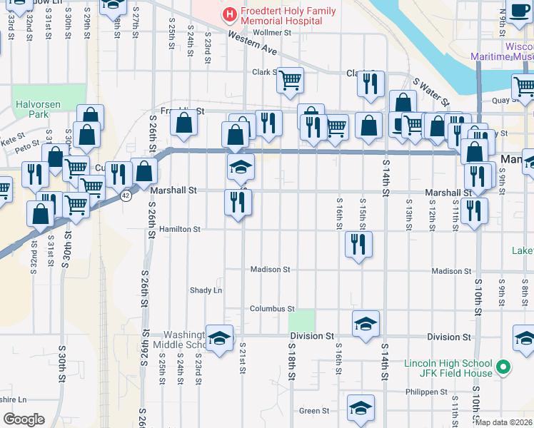 map of restaurants, bars, coffee shops, grocery stores, and more near 1117 South 20th Street in Manitowoc