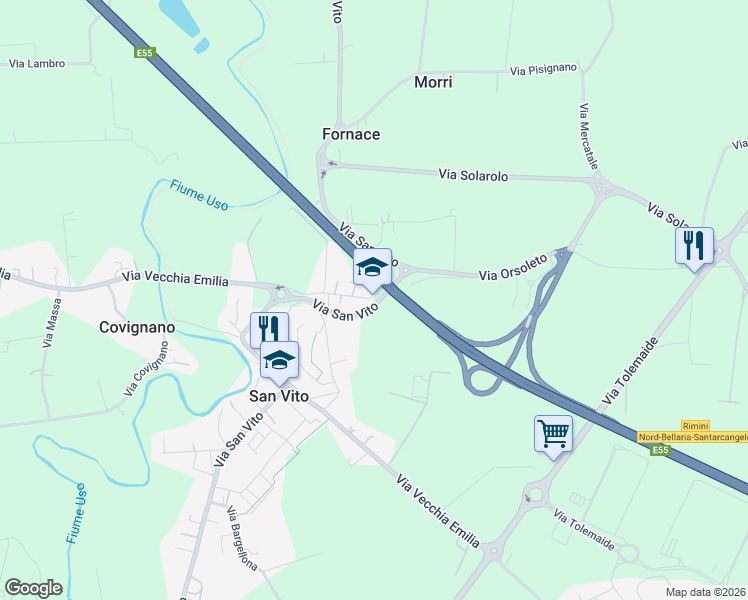 map of restaurants, bars, coffee shops, grocery stores, and more near Via San Vito in Provincia di Rimini
