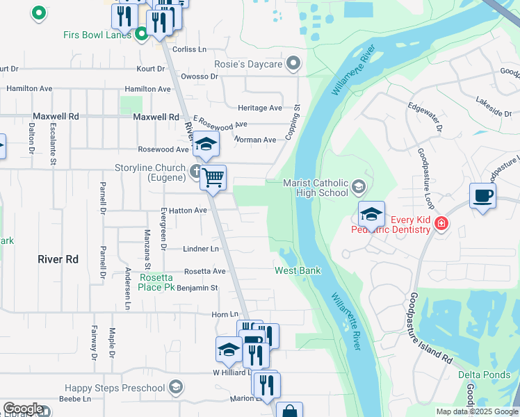 map of restaurants, bars, coffee shops, grocery stores, and more near 173 East Hatton Avenue in Eugene