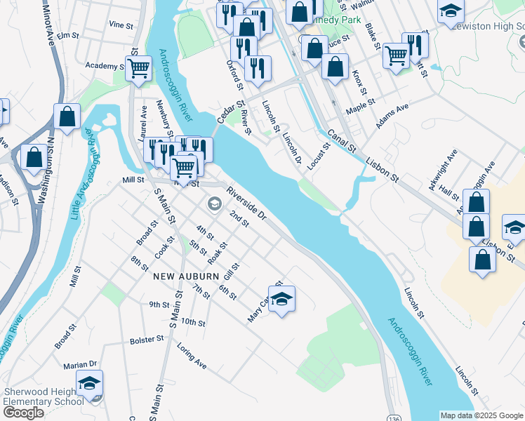 map of restaurants, bars, coffee shops, grocery stores, and more near 98 Riverside Dr in Auburn