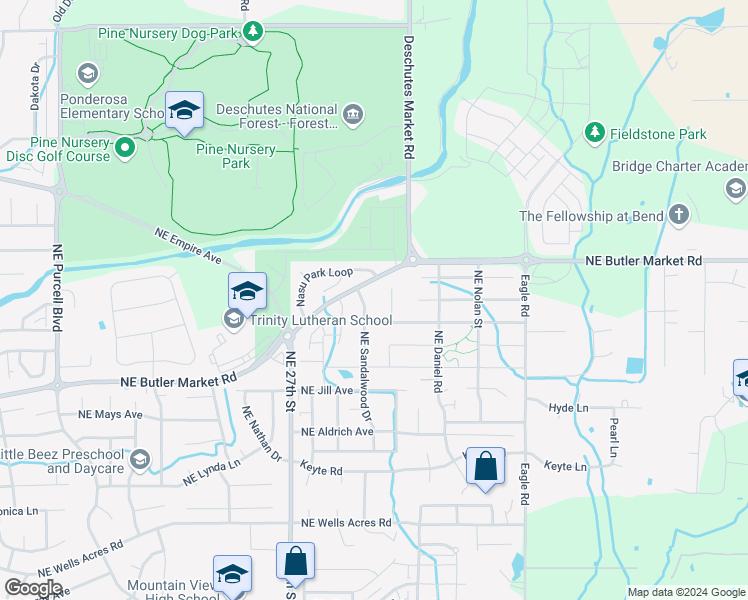 map of restaurants, bars, coffee shops, grocery stores, and more near 3453 Northeast Fieldstone Court in Bend
