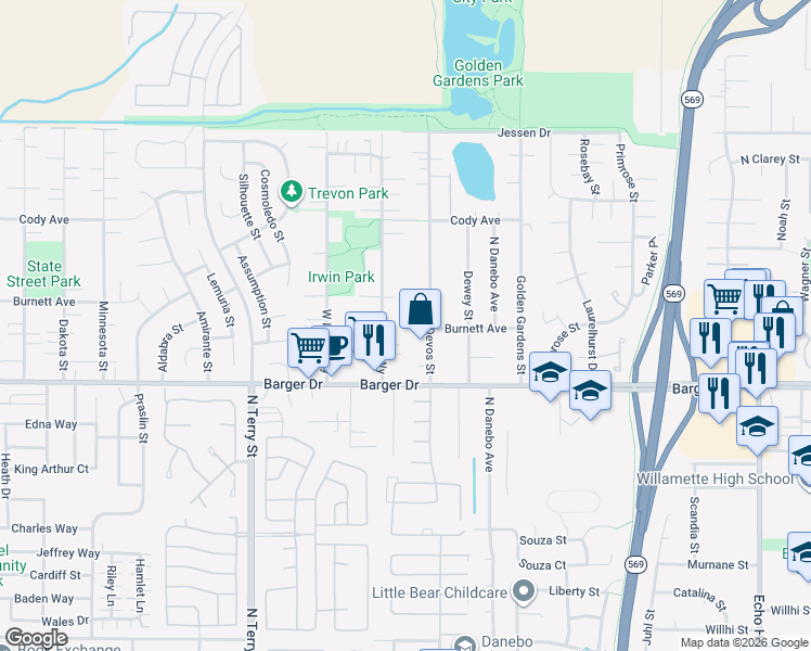 map of restaurants, bars, coffee shops, grocery stores, and more near 2106 Devos Street in Eugene