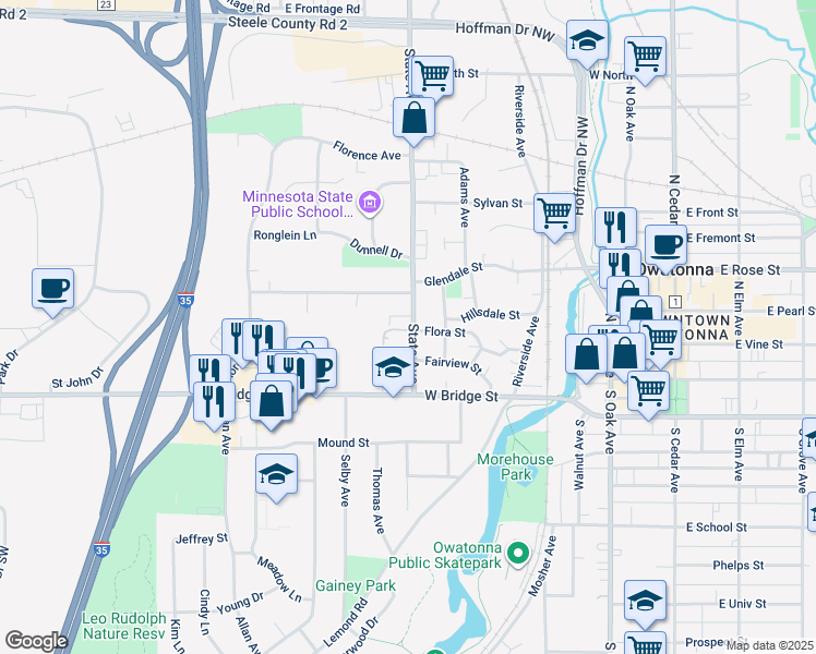 map of restaurants, bars, coffee shops, grocery stores, and more near 306 State Avenue in Owatonna