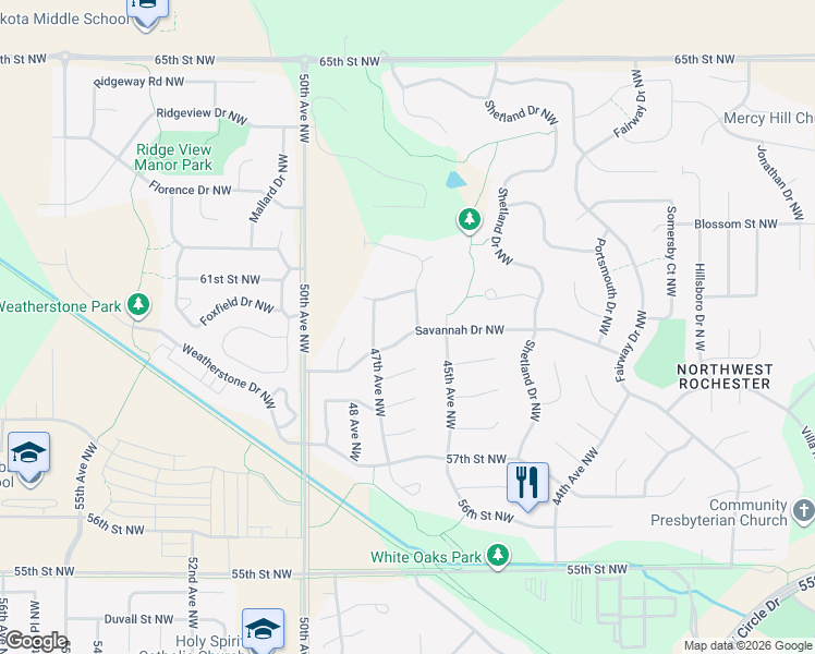 map of restaurants, bars, coffee shops, grocery stores, and more near 4571 Savannah Dr NW in Rochester