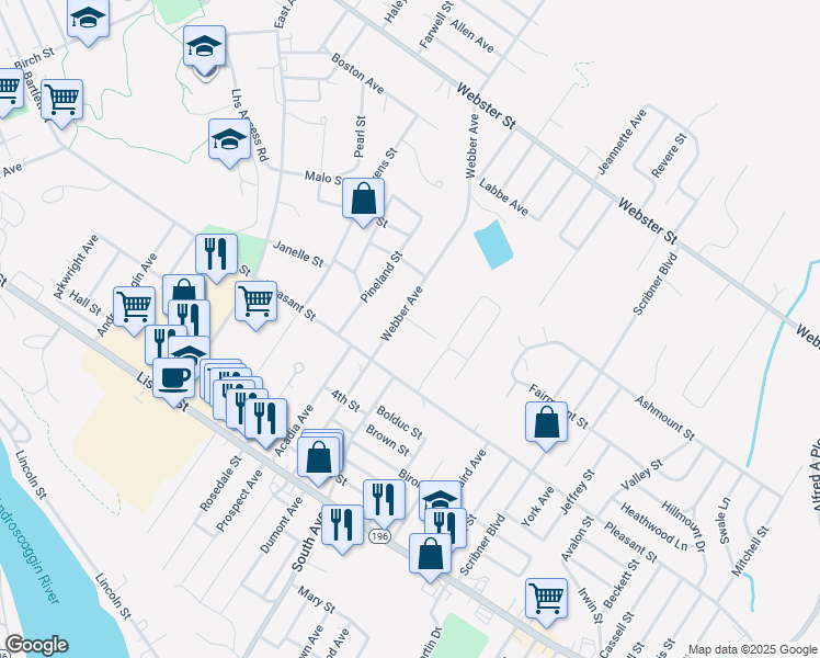 map of restaurants, bars, coffee shops, grocery stores, and more near 5 Meader Street in Lewiston