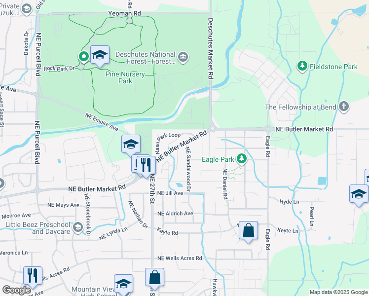 map of restaurants, bars, coffee shops, grocery stores, and more near 3451 Northeast Sandalwood Drive in Bend