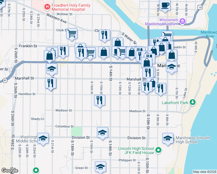 map of restaurants, bars, coffee shops, grocery stores, and more near 1115 South 14th Street in Manitowoc