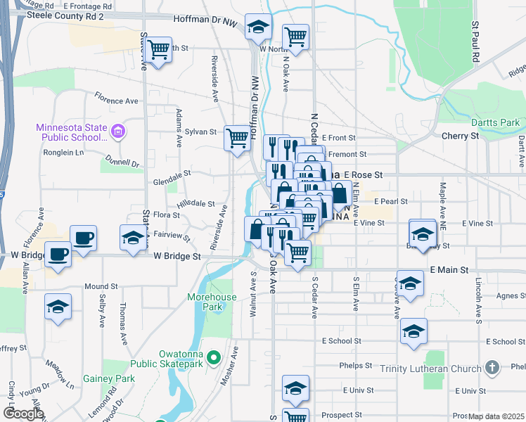 map of restaurants, bars, coffee shops, grocery stores, and more near 221 North Walnut Avenue in Owatonna
