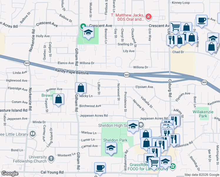 map of restaurants, bars, coffee shops, grocery stores, and more near 2310 Elysium Avenue in Eugene