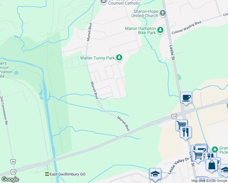 map of restaurants, bars, coffee shops, grocery stores, and more near 60 Falconridge Terrace in East Gwillimbury