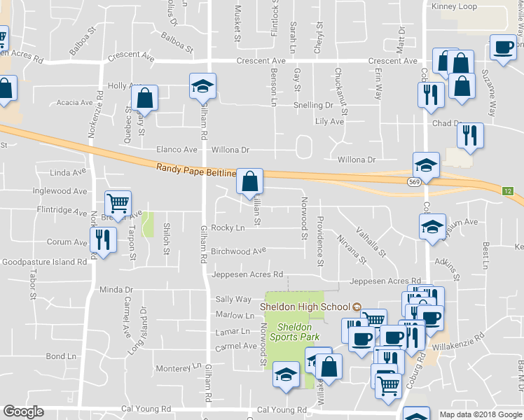 map of restaurants, bars, coffee shops, grocery stores, and more near 2210 Elysium Avenue in Eugene