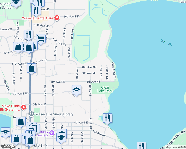 map of restaurants, bars, coffee shops, grocery stores, and more near 804 9th Avenue Northeast in Waseca