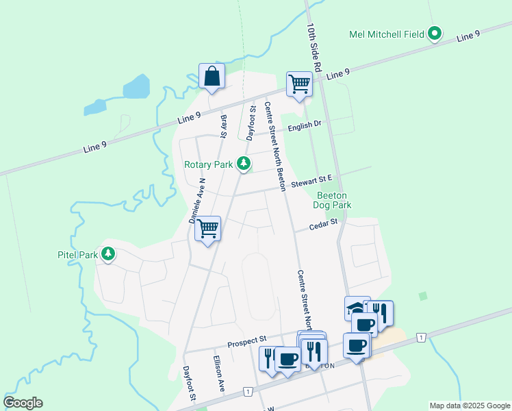 map of restaurants, bars, coffee shops, grocery stores, and more near 6 Hammond Crescent in New Tecumseth