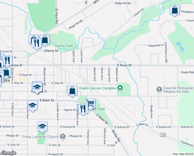 map of restaurants, bars, coffee shops, grocery stores, and more near 228 Beech Avenue in Owatonna