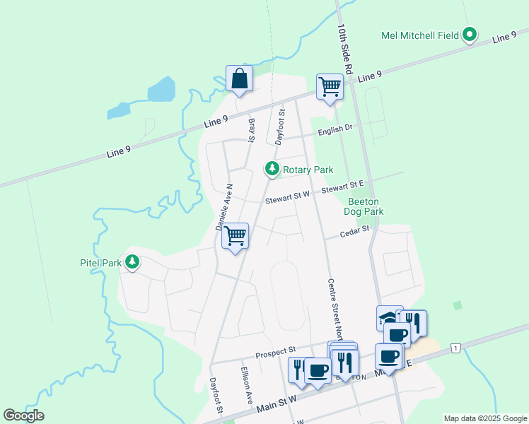 map of restaurants, bars, coffee shops, grocery stores, and more near 289 Dayfoot Street in New Tecumseth